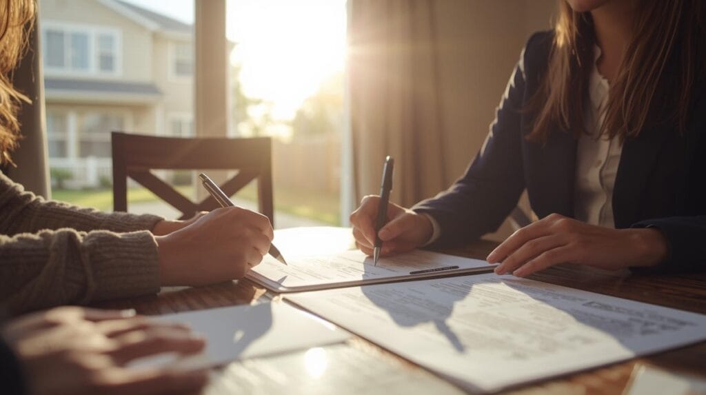 Homebuyer and agent signing real estate paperwork at a table before making offer on house Tulsa.