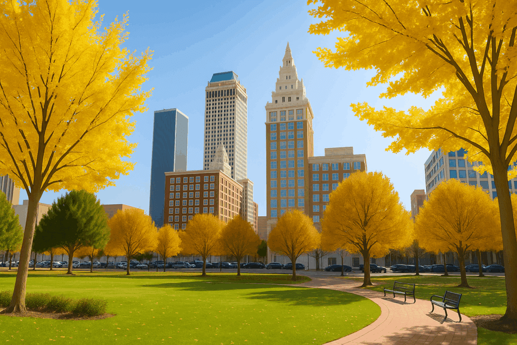 Downtown Tulsa skyline surrounded by golden-yellow fall trees under a bright blue sky, representing the city’s steady and inviting housing market in October 2025.
