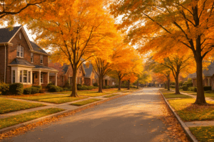 Tree-lined residential street in Tulsa, Oklahoma at golden hour with brick homes and colorful fall foliage, symbolizing the calm and balanced Tulsa housing market in October 2025.