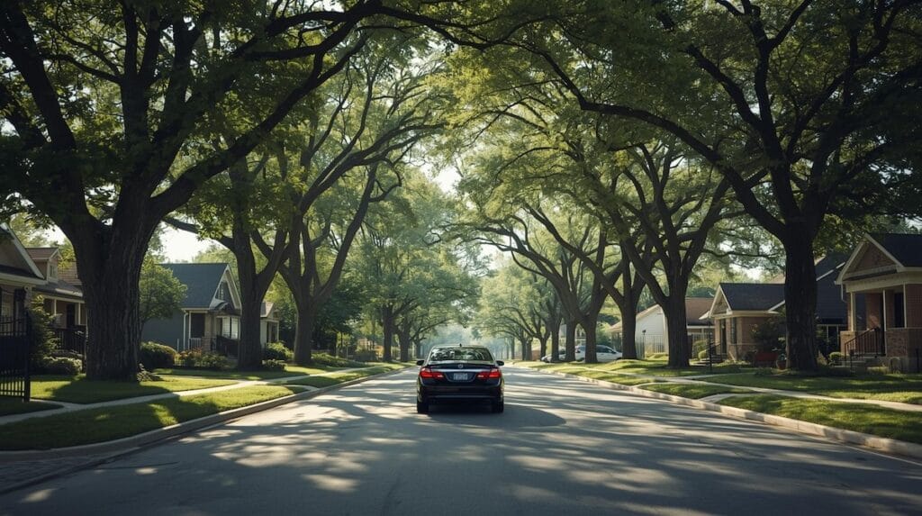 A car driving through a quiet, tree-lined Tulsa neighborhood with mature trees and well-kept homes before making offer on house Tulsa.