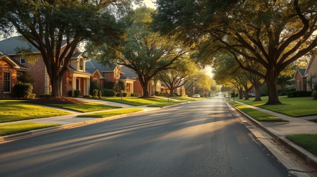 Upscale Tulsa suburban neighborhood street with brick and stone homes, manicured lawns, and mature trees in warm natural light