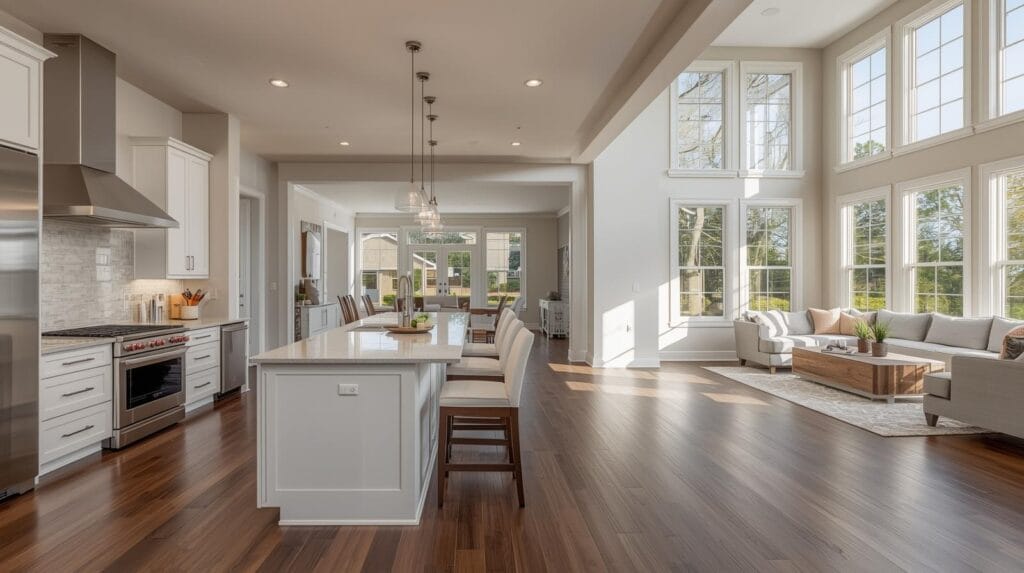 Spacious open-concept kitchen and living room in upgraded Tulsa home with modern finishes