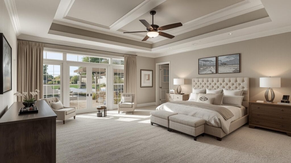 Luxurious primary bedroom suite with sitting area in upgrade home Tulsa