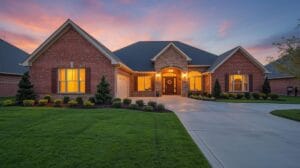 Beautiful Tulsa suburban home exterior at sunset for buying a home in Tulsa