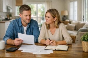 Tulsa homeowners reviewing paperwork at a kitchen table while determining how equity works when buying your next home