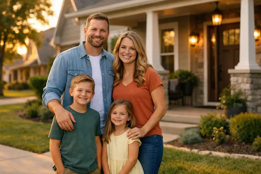 Happy Tulsa-area family standing in front of a well-kept South Tulsa or Broken Arrow home during early evening