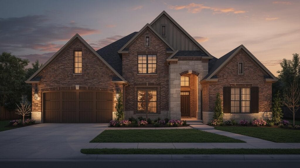 Warm Tulsa suburban home exterior at golden hour showcasing ideal move-up buyer curb appeal.