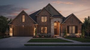 Warm Tulsa suburban home exterior at golden hour showcasing ideal move-up buyer curb appeal.