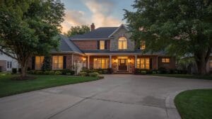 Beautiful brick suburban home at dusk with warm exterior lighting, representing Selling a Home in Tulsa.