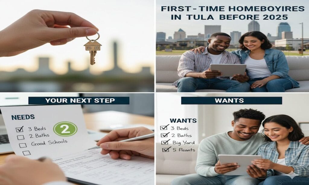 A smiling couple reviewing a tablet screen showing a "HOME LOAN JOURNEY - TULSA 2025" flowchart and financial graphs on a modern living room couch.