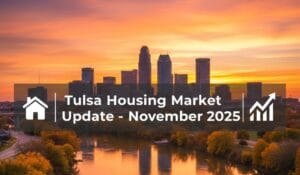 Tulsa skyline at sunset with housing market update text overlay for November 2025
