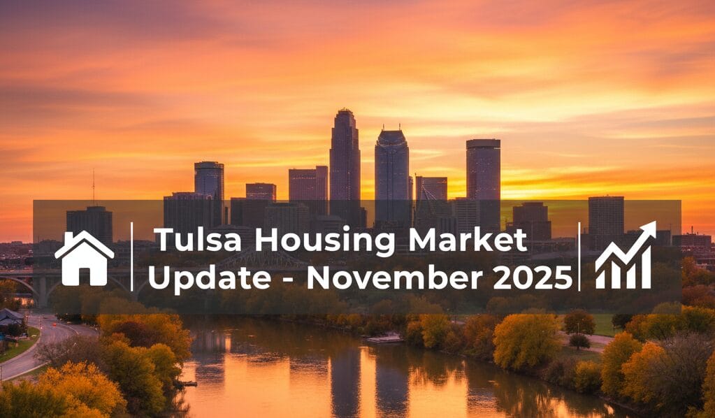 Tulsa skyline at sunset with housing market update text overlay for November 2025