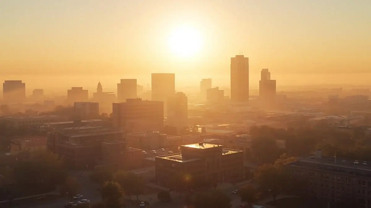 Sunrise skyline view of Tulsa with the Arkansas River in the foreground.
