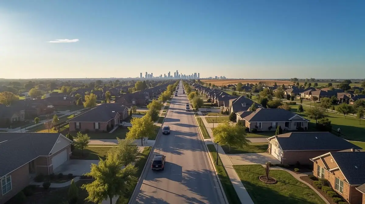 Aerial view of a Tulsa suburban neighborhood with rows of homes and the downtown skyline in the distance, illustrating increased housing inventory in 2025.