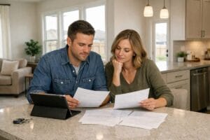 Buyers reviewing paperwork in a Tulsa new construction home before signing a builder contracts in Tulsa