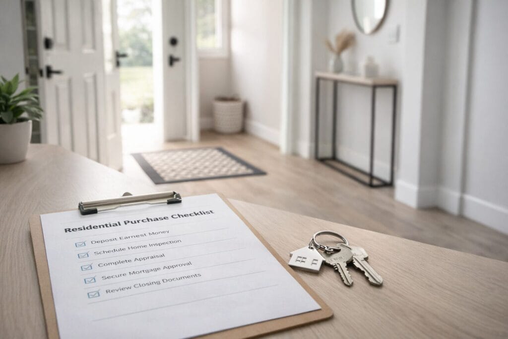Checklist and house keys in a home entryway representing what happens after your offer is accepted in Oklahoma