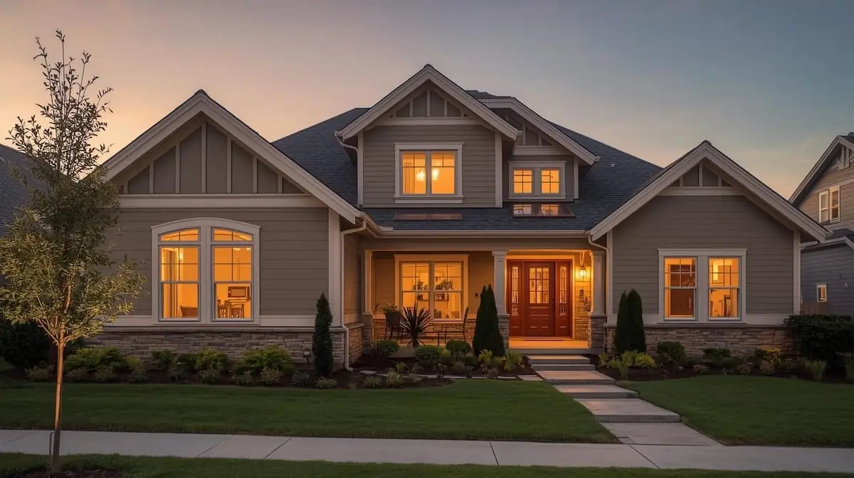 Beautiful home exterior in Bixby OK at golden hour with glowing windows and clean landscaping.