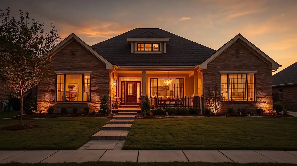Beautiful home exterior in Broken Arrow OK at golden hour with glowing windows and clean landscaping.