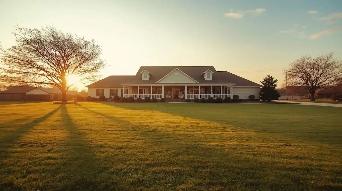 Coweta OK home exterior at golden hour with manicured lawn and warm lighting.