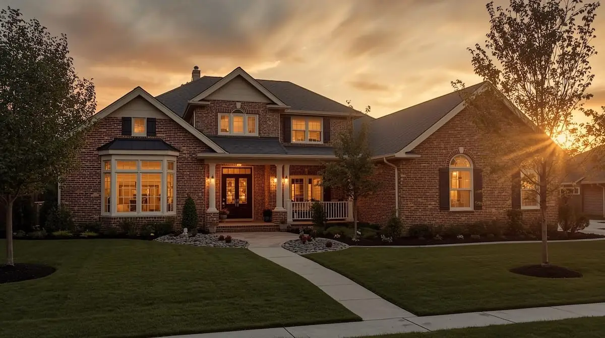 Beautiful modern home exterior in Jenks OK at sunset with glowing windows and manicured landscaping.