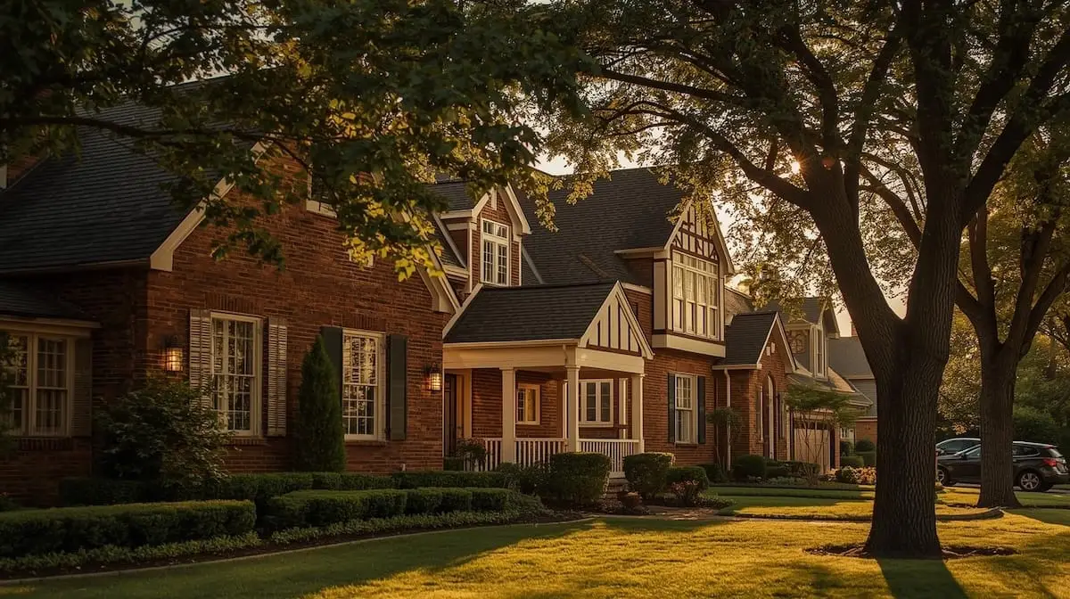 Elegant Midtown Tulsa home exterior at golden hour with manicured landscaping.