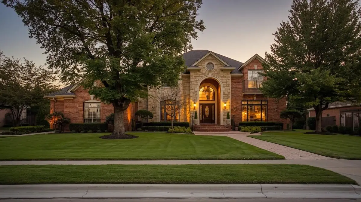 Luxury South Tulsa home exterior at sunset with a manicured lawn and elegant architectural design.