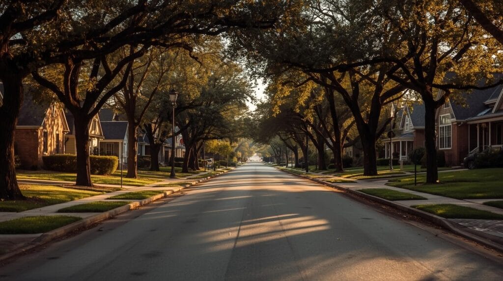 Golden-hour view of a Tulsa neighborhood street illustrating curb appeal and lifestyle in Tulsa neighborhoods.