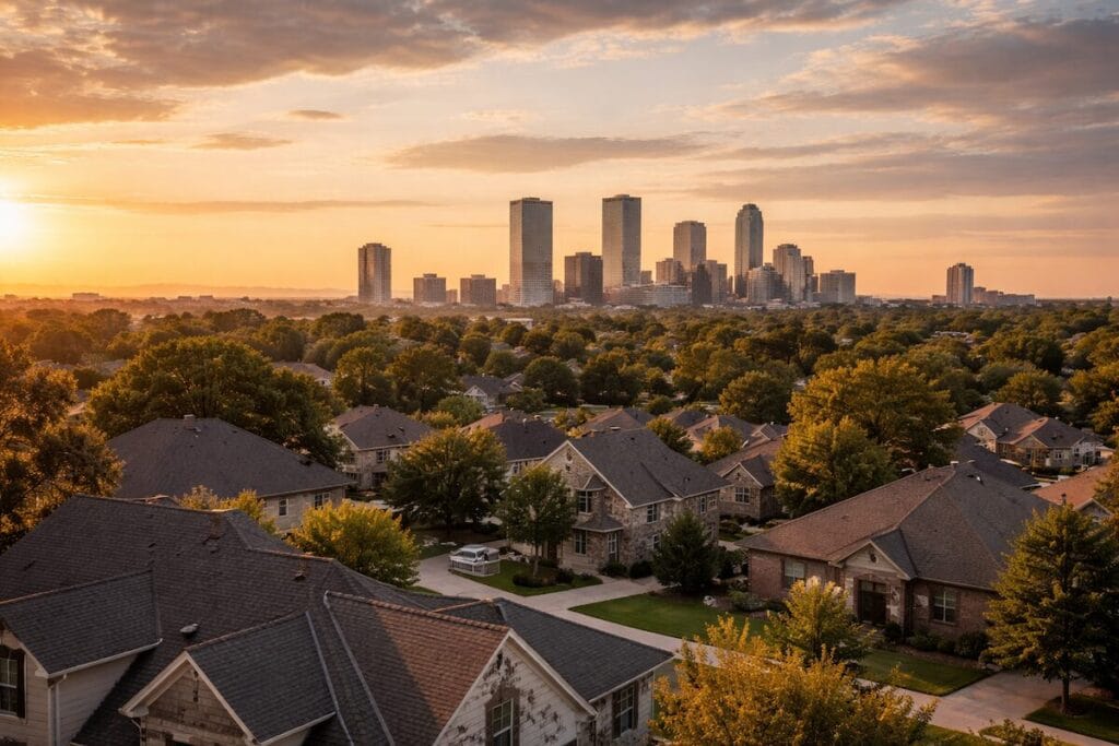 Tulsa residential neighborhood at sunset