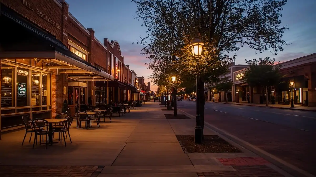Cherry Street at dusk with restaurants and patio lights.