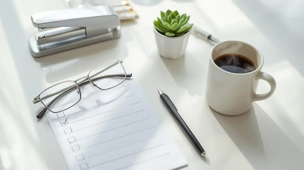 Desk with a downsizing checklist representing frequently asked questions