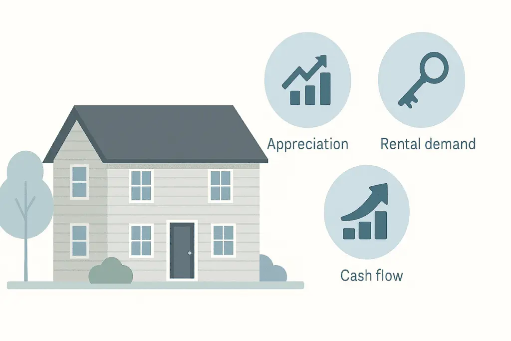 Illustration showing Tulsa investment property with cash flow and appreciation icons.