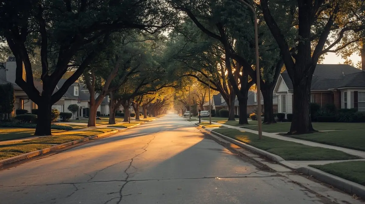 Tulsa suburban neighborhood with mature trees at golden hour.