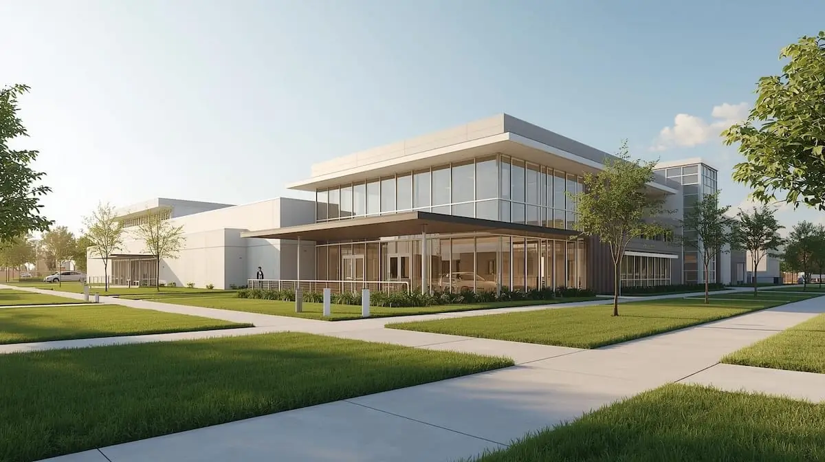 Modern Tulsa medical facility with landscaped grounds.