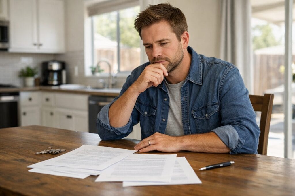 Tulsa homebuyer reviewing a builder contract at a table with paperwork and a pen