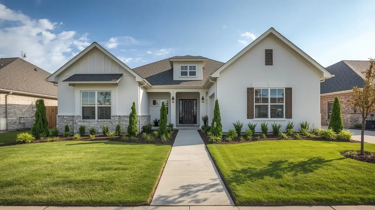 Exterior of a modern, well-maintained Tulsa home with clean landscaping and natural light. Buying a hone in Tulsa