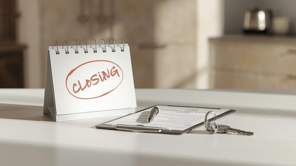 Home buying commandments reminder showing a closing date calendar and signed documents during the escrow period