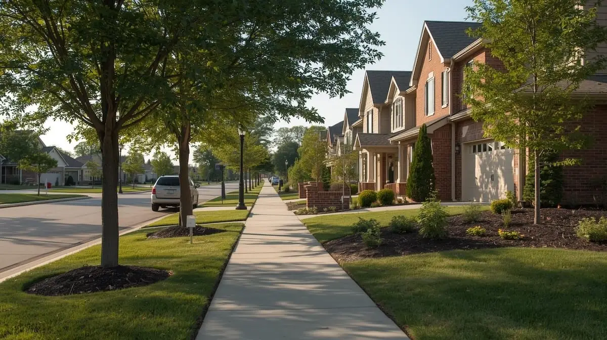 Suburban neighborhood street living in Bixby OK with modern craftsman-style homes and clean sidewalks.