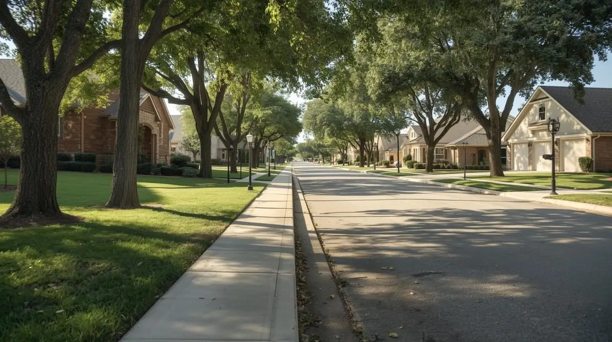 Suburban neighborhood street in Broken Arrow OK with craftsman-style homes and mature trees.