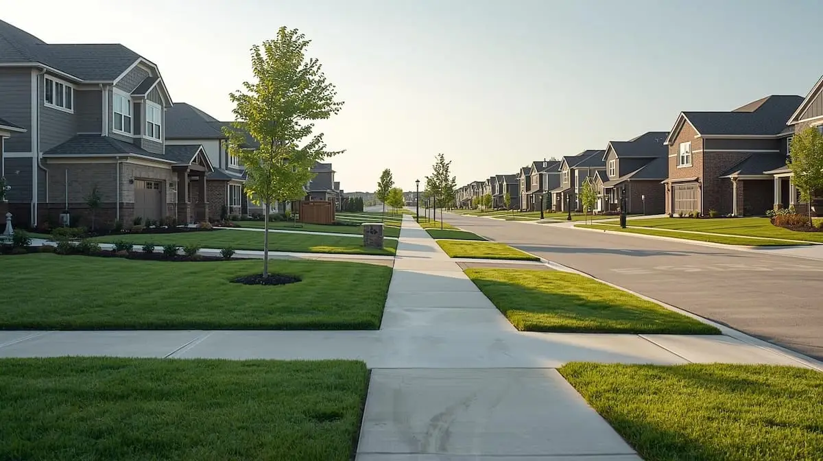 Modern suburban neighborhood street living in Jenks OK with craftsman-style homes and manicured lawns.