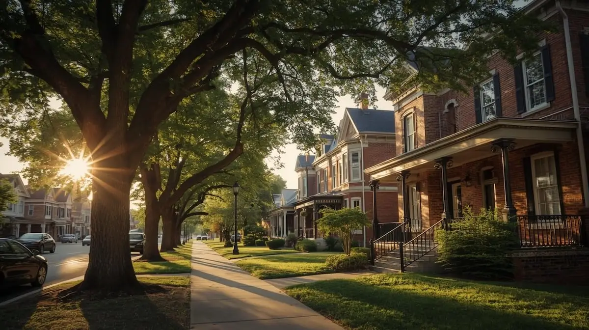 Historic Midtown Tulsa neighborhood street with mature trees, brick homes, and sidewalks.