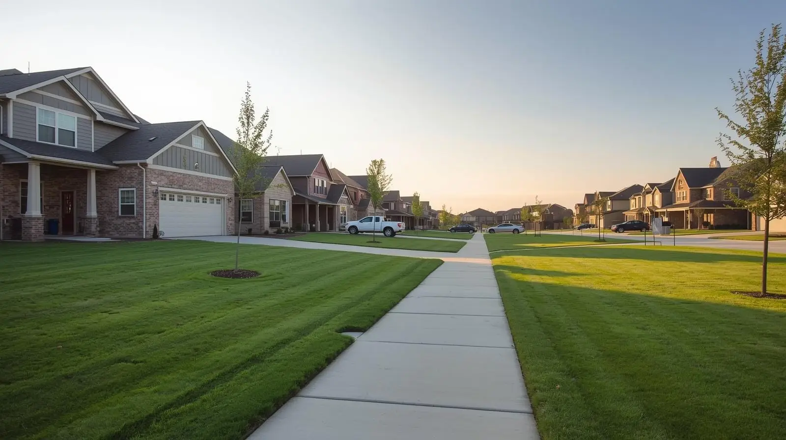 Modern suburban neighborhood street living in Owasso OK with well-kept lawns and newer homes.