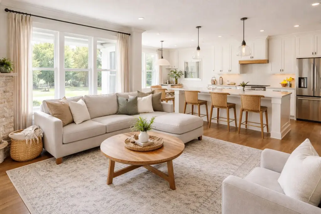 Open-concept living room and kitchen in an updated South Tulsa-style home with natural light and neutral decor