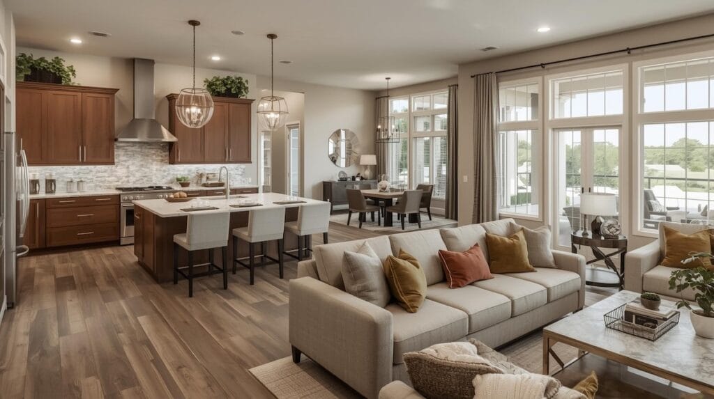 Open-concept kitchen and living room with warm wood cabinets, neutral décor, and staged furnishings, showing ideal presentation for Selling a Home in Tulsa.