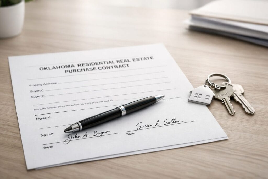 Signed Oklahoma real estate purchase contract on a desk with pen and house keys
