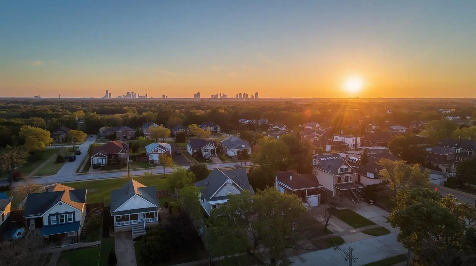 Aerial view of Tulsa neighborhoods at sunset with the downtown skyline in the distance, showing a mix of homes and tree-lined streets