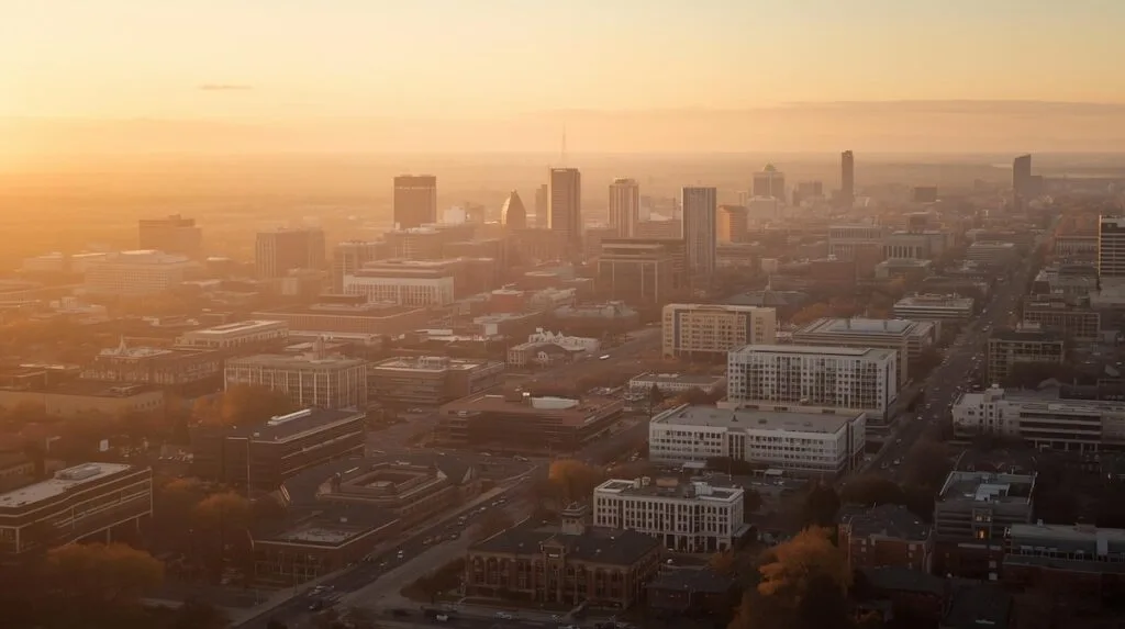 Aerial skyline of Tulsa at sunrise showing the city layout that shapes Tulsa neighborhoods and lifestyle.