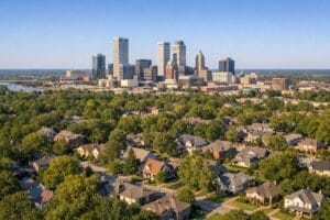 Tulsa Oklahoma skyline with surrounding residential neighborhoods