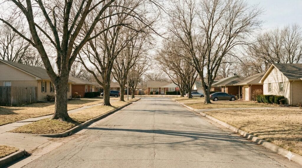 Established Tulsa neighborhood with resale homes in winter