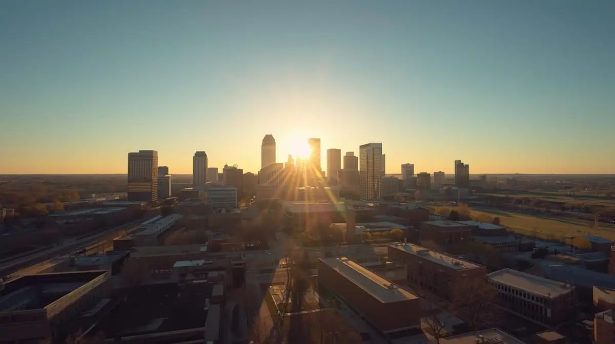 Tulsa skyline at sunrise with warm golden light.