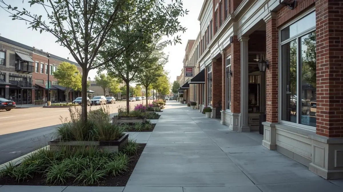 A landscaped commercial street in Bixby OK with brick buildings and clean sidewalks.